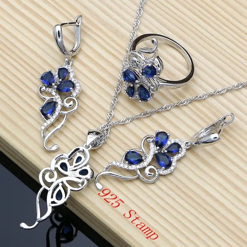 Blue Sapphire Silver 925 Jewelry Set White Topaz Charm for Women Stones Leaves Earrings Rings Bracelet Necklace Set