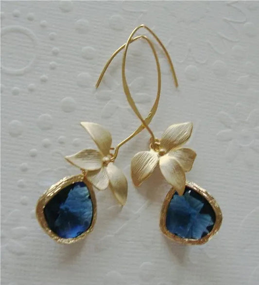 Fashion 18 K Yellow Gold Natural Flower Blue Sapphire Women's Earring Earrings Women's Earrings Engagement Wedding Anniversary Gift