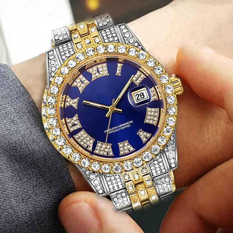 Full Bling Gold Large Diamond Watch For Men ICED-Out Hip Hop Mens Quartz Watches Waterproof Date Male Clock Gold Steel Relogio