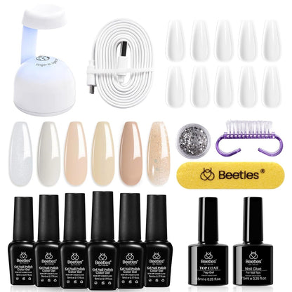 Beetles Gel Nail Polish Kit with 48W light 18 Pcs Gel Starter Kit,6 colors Nude Pink French White Glitter Gel Polish Soak Off Base Top Coat Gel Art Manicure Kit