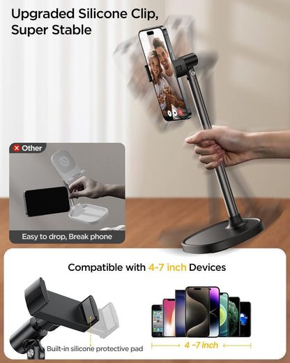 Phone Stand for Desk, Angle Height Adjustable Phone Holder for Desk, Aluminum Alloy Universal Iphone Stand Holder, Retractable Cell Phone Stand Recording Office for Iphone 16 15 Pro Max Plus