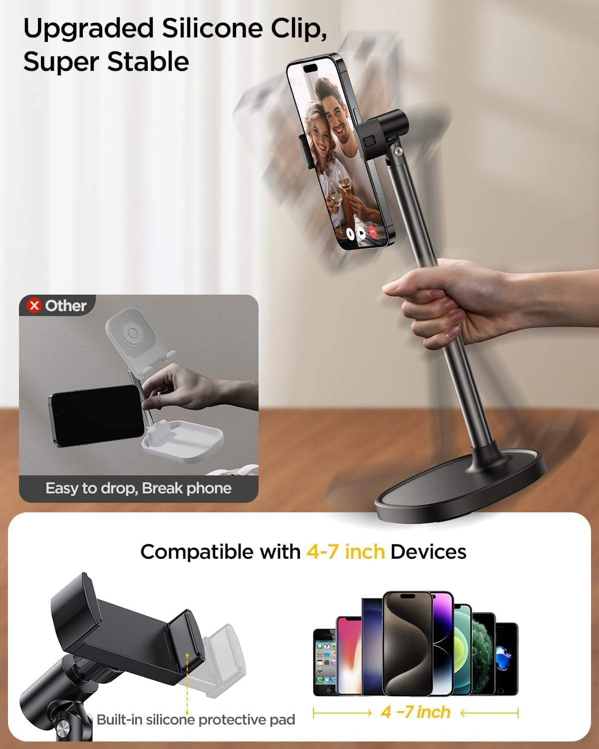 Phone Stand for Desk, Angle Height Adjustable Phone Holder for Desk, Aluminum Alloy Universal Iphone Stand Holder, Retractable Cell Phone Stand Recording Office for Iphone 16 15 Pro Max Plus