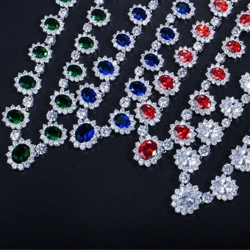 Gloriya Elegant Red Zirconia And White CZ Paved Setting Flower Pendant Earrings Necklace Jewelry Sets for Bridal Wedding Accessories