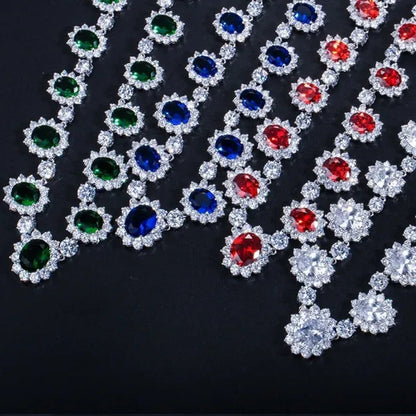 Gloriya Elegant Red Zirconia And White CZ Paved Setting Flower Pendant Earrings Necklace Jewelry Sets for Bridal Wedding Accessories