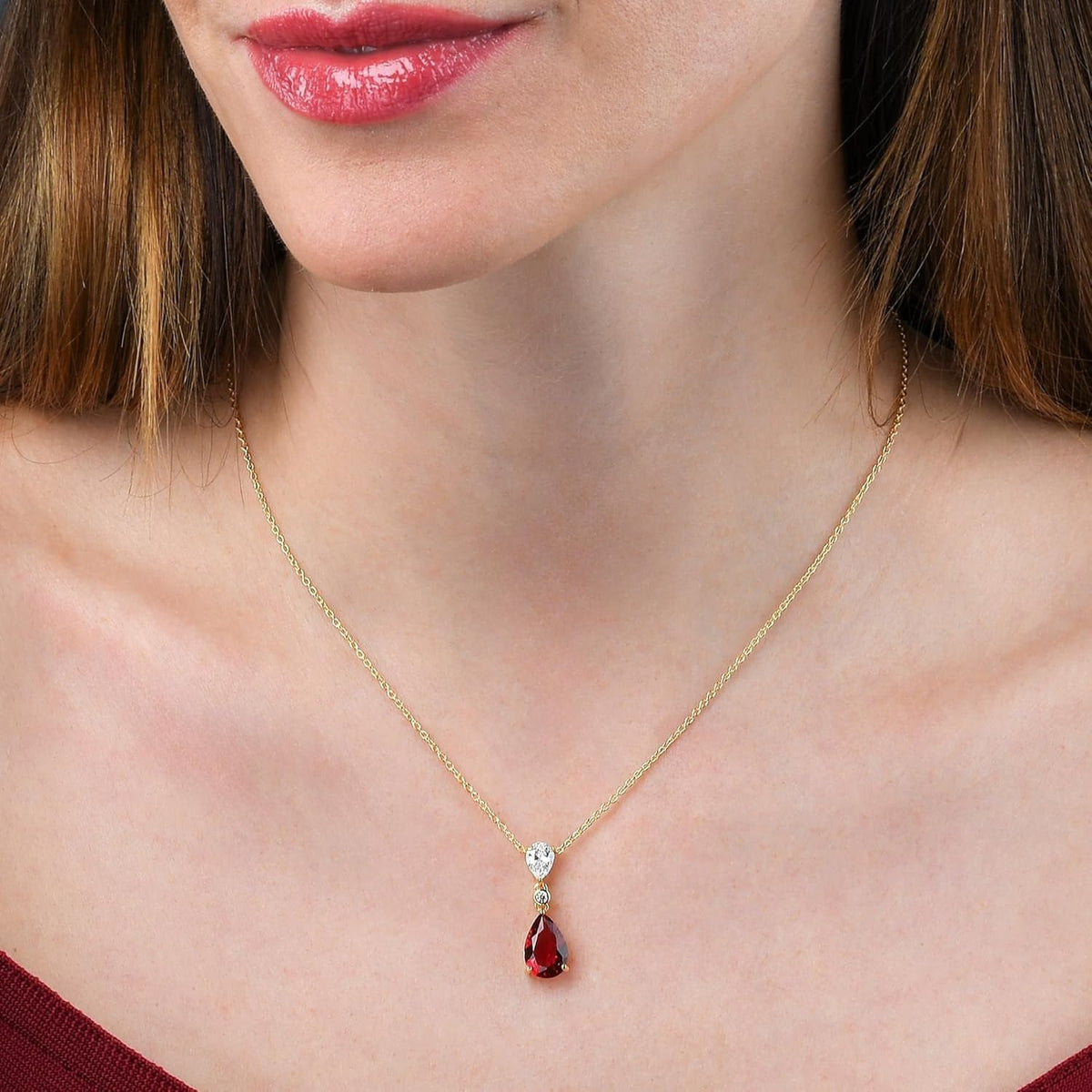 925 Sterling Silver Teardrop Necklace for Women with White, Pink, Green, Blue or Red Cubic Zirconia Stones, Elegant Silver, Gold or Rose Gold Pear Drop Pendant Necklace for Women