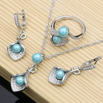 Luxury 925 Silver Bridal Jewelry Sets White Topaz Pearls Bead Charm for Women Party Horn Design Ring Bracelet Set