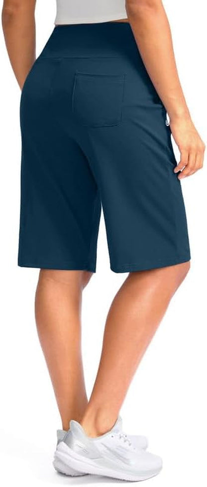 Women'S 12" Bermuda Long Shorts with Pockets High Waisted Stretch Knee Length Shorts for Women Summer Walking