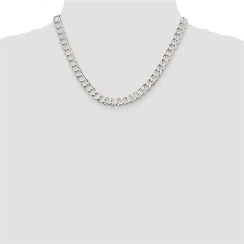 Fashion Solid 925 Silver 8Mm Close Link Flat Curb Cuban Chain Necklace with Secure Lobster Lock Clasp