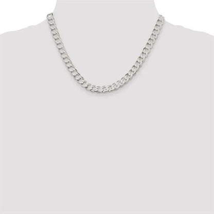 Fashion Solid 925 Silver 8Mm Close Link Flat Curb Cuban Chain Necklace with Secure Lobster Lock Clasp