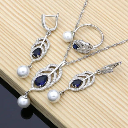 Freshwater Pearls Silver 925 Bridal Jewelry Sets Blue sapphire Beads Women Wedding Earrings/Pendant/Necklace/Ring/Bracelet