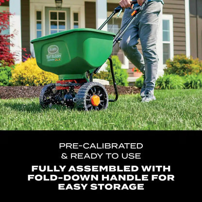 Turf Builder Edgeguard DLX Push Broadcast Spreader Holds up to 15,000 Sq.Ft. for Seed, Fertilizer, Salt, Ice Melt