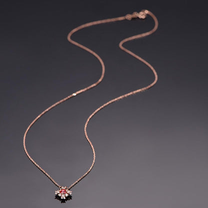 Natural Red Ruby Diamond Pendant Solid 14K Rose Gold Antique 925 Sterling Silver Necklace Chain Retro