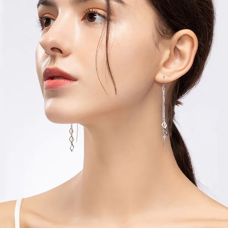 Geometric Rhombus Earrings for Women Temperament Tassel Long Ear Line Earring 925 Sterling Silver Jewelry