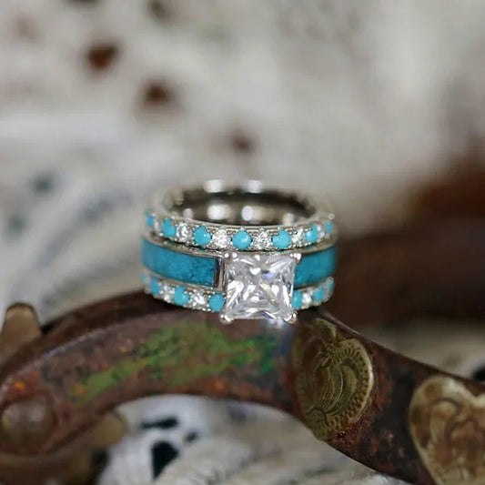 3Pcs/Set Exquisite Design Charm Women Fashion Jewelry Elegant Natural White Sapphire Turquoise Rings Wedding Engagement Anniversary Ring Size US4-11