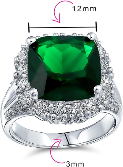 Big Solitaire AAA Cubic Zirconia Pave CZ 5-7CTW Cushion Emerald Cut Simulated Ruby Red Green Vintage Art Deco Style Halo Cocktail Statement Ring for Women Silver Plated Customizable