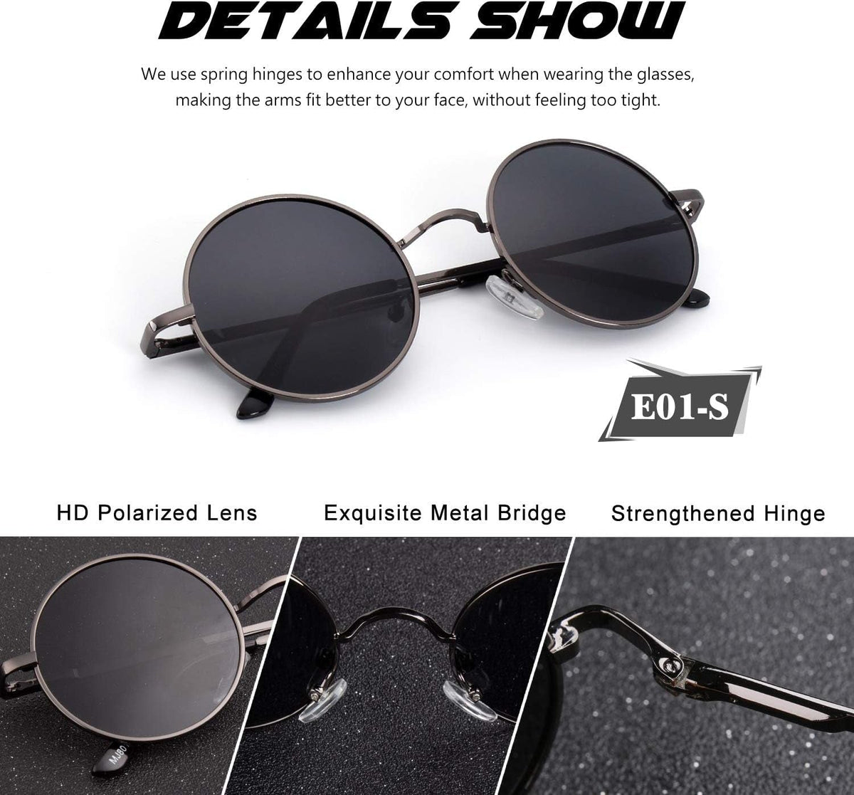 Retro round Polarized Sunglasses Mens Womens Circle Metal Hippie Shades UV400 Protection E01