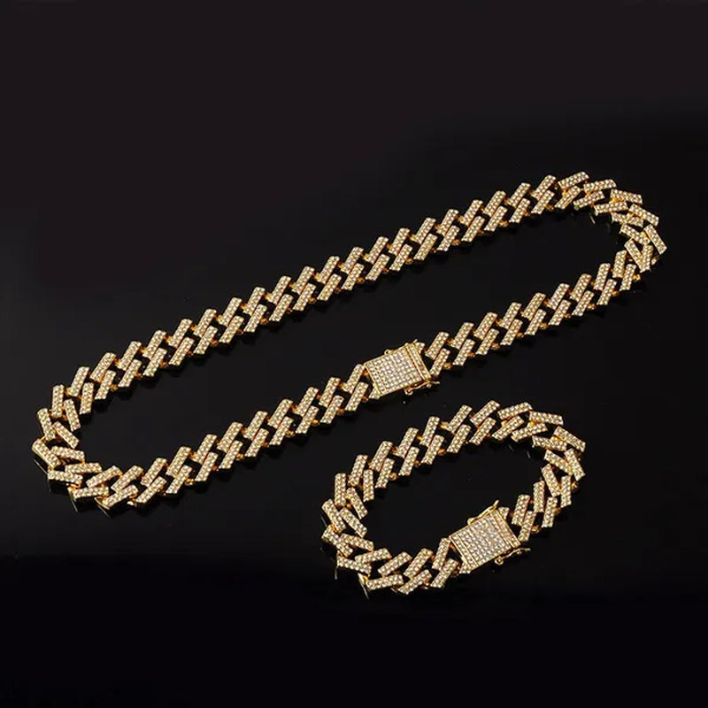 Fashion Men Necklace Diamond Necklace Bracelet Miami Cuban Link Chain Necklace Punk Jewelry Size: 8-30 Inch