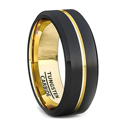 Fashion 8mm Black Tungsten Carbide Ring Gold Groove Matte Brushed Surface Beveled Edge Mens Wedding Band Comfort Fit