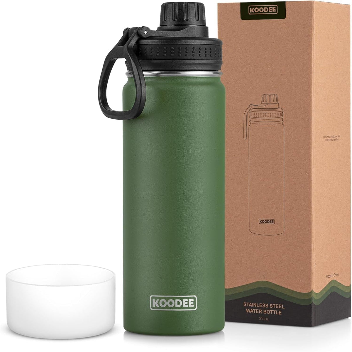 Insulated Water Bottle, 22 Oz Stainless Steel Double Wall Vacuum Wide Mouth Sport Bottle with Leakproof Spout Lid(Grass Green)