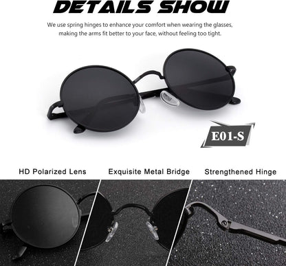 Retro round Polarized Sunglasses Mens Womens Circle Metal Hippie Shades UV400 Protection E01