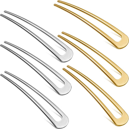 6 Pieces Hair Pins Simple Metal U Shaped French Gold Hair Fork Sticks 2 Prong Updo Chignon Pins for Women Lady Buns Accessories(Gold, Silver)