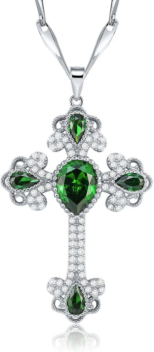 925 Sterling Silver Created Emerald Cross Pendant Necklace for Women Religious Jewelry Rhinestone Holy Irish Charm CZ Halo Christian Faith Keepsake