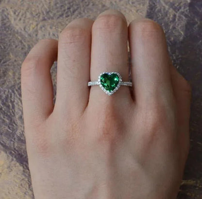 NEW 925 Sterling Silver Green Heart AAA CZ Czircon Lady Wedding Ring