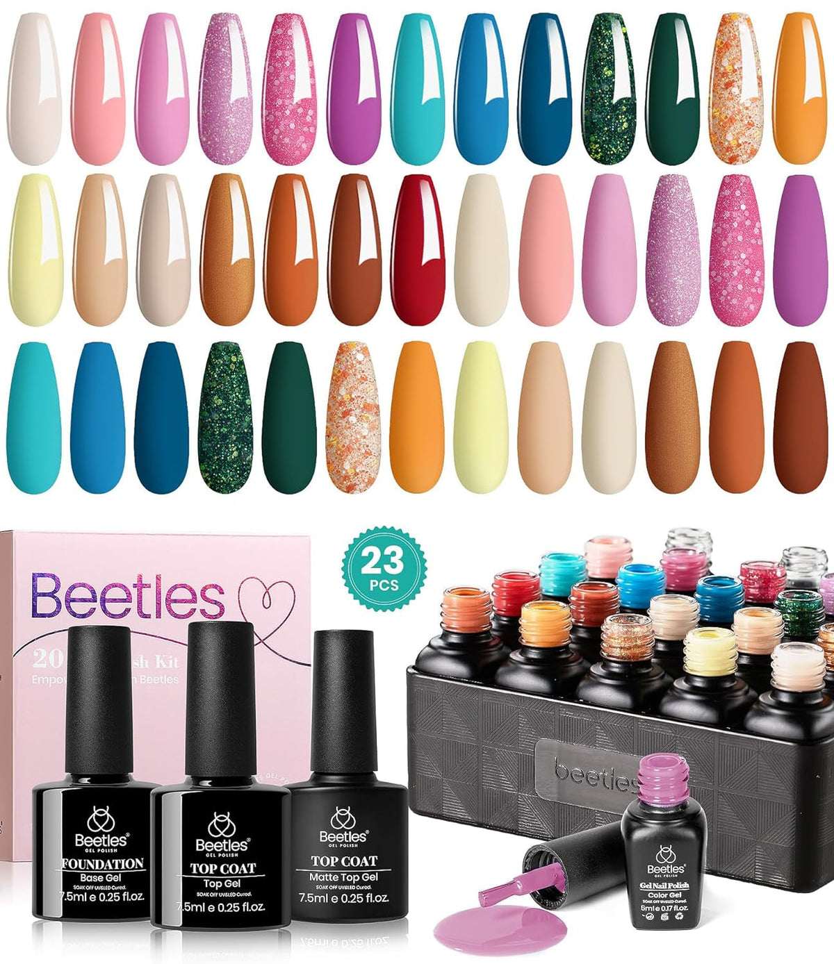 Beetles 23Pcs Gel Nail Polish Kit with Glossy Matte Top Coat and Base Coat Girls Night Collection White Nude Gray Glitters Gel Nail Polish Set U V Soak Off Holiday Manicure for Women Girls