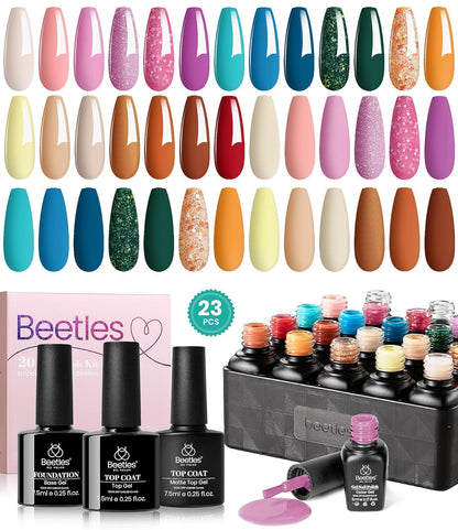 Beetles 23Pcs Gel Nail Polish Kit with Glossy Matte Top Coat and Base Coat Girls Night Collection White Nude Gray Glitters Gel Nail Polish Set U V Soak Off Holiday Manicure for Women Girls