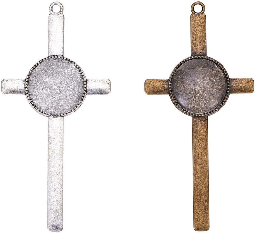 16Pcs Cross Pendant Trays Photo Charms Bezel Settings and 16Pcs Glass Cabochon Dome Tiles Clear Cameo Memorial Photo Pendant for Bouquet Wedding Graduation Easter Making