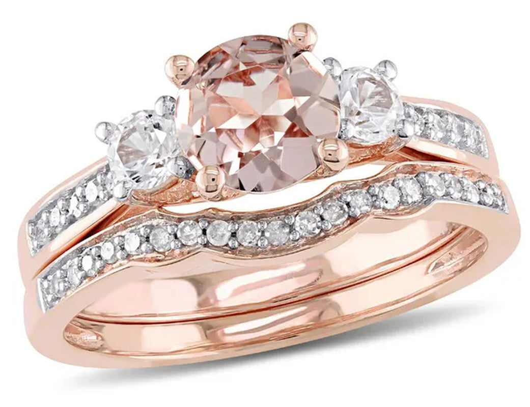 4/5 Carat (ctw) Morganite and Lab-Created White Sapphire with Diamond Bridal Wedding Set Engagement Ring in 10K Pink Go