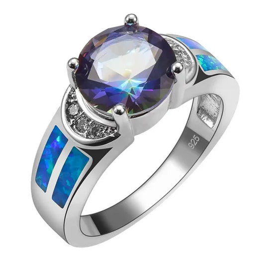 Blue Rainbow Topaz Gemstone Blue Fire Opal 925 Sterling Silver Ring Size 6 7 8 9 10