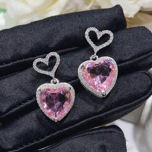 Trendy Pink Sapphire Pendant 925 Sterling Silver Heart Earrings for Women Bridal Romantic Wedding Earrings Jewelry Gift