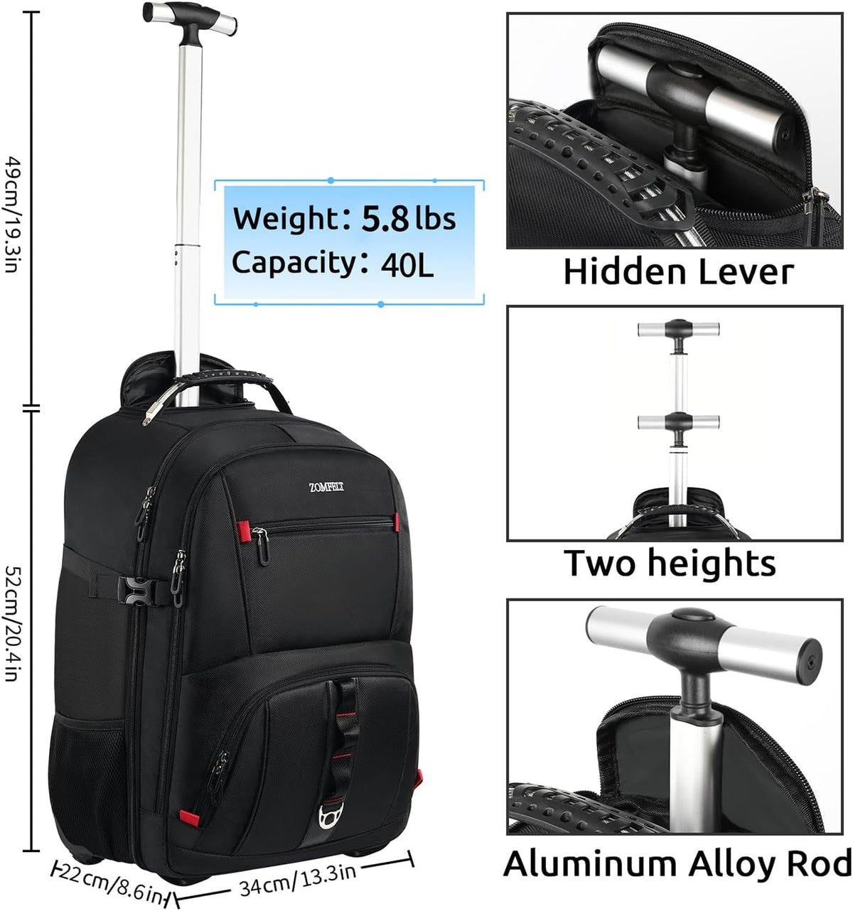 Rolling Backpack, Travel Backpack with Wheels, Carry on Backpacks with 3 Packing Cubes, 17.3 Inch Wheeled Laptop Backpack for Men Women Adults to Travel Work Business Black
