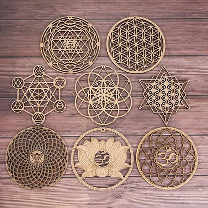 1 PC Making Sacred Geometry Ornament Laser Cut Handmade Coasters Wood Wall Art Home Decor Wooden Wall Sign Flower Of Life Energy Mat Flower of Life Shape Slice Wood Base