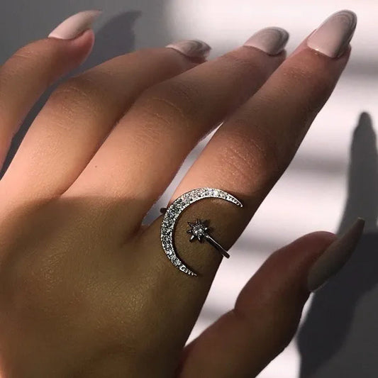 Gorgeous Women 925 Sterling Silver Rose Gold Natural Gemstones White Sapphire Diamond Stars Moon Adjustable Open Ring Romantic Wedding Bride Engagement Anniversary Rings Jewelry