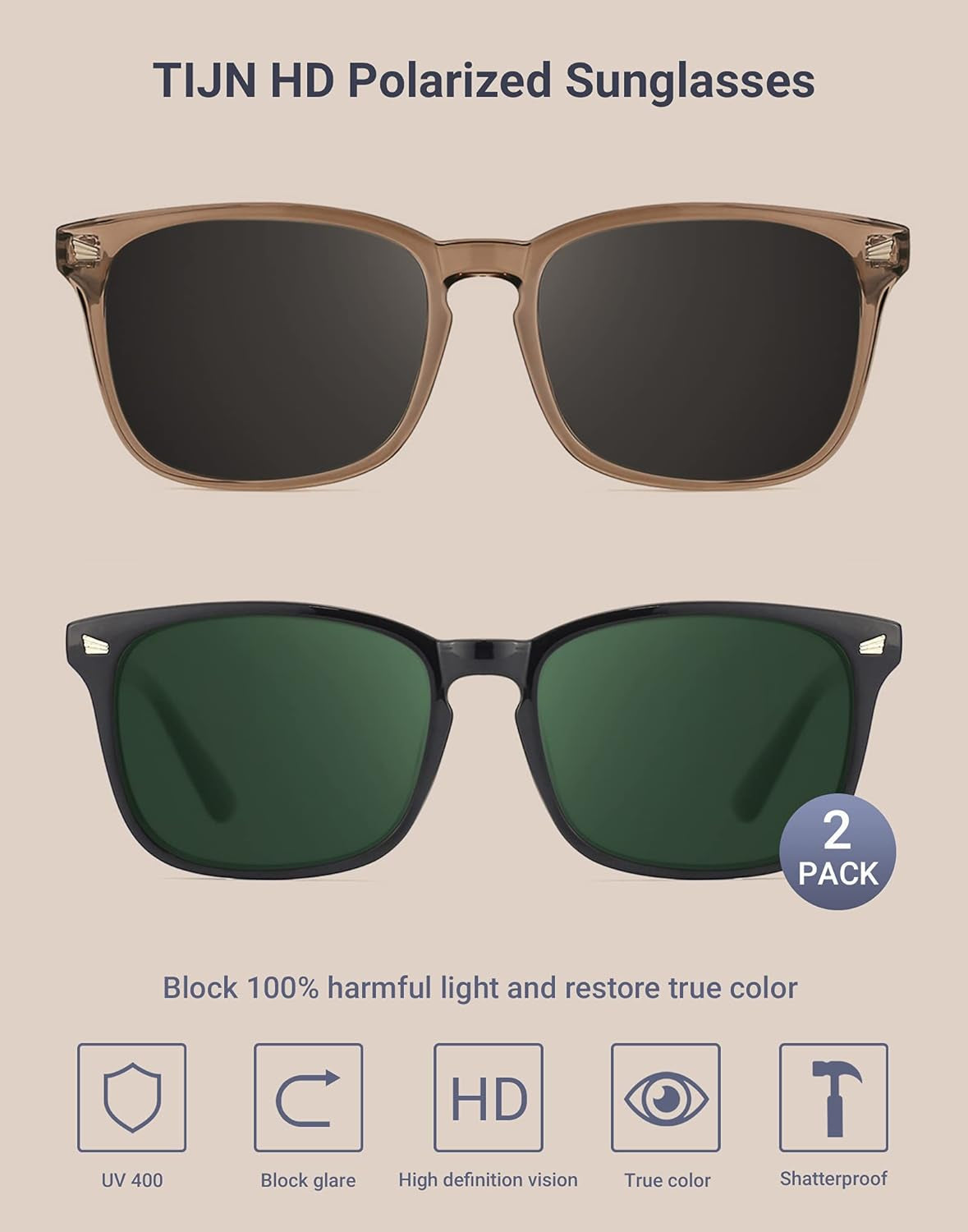 Polarized Sunglasses for Womens and Mens,Classic Square Frames Shades for UV Protection, Stylish and Trendy Sunnies