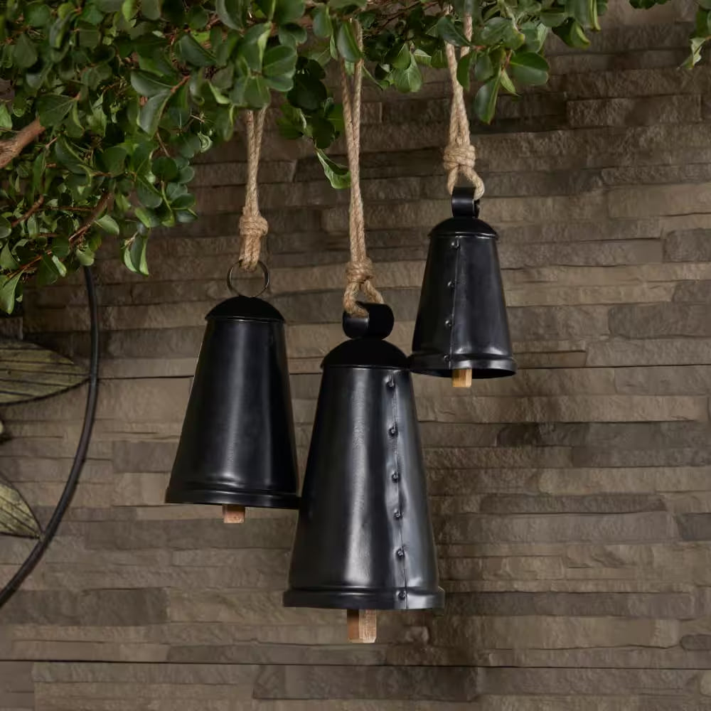 Black Metal Tibetan Inspired Narrow Cone Decorative Cow Bell with Jute Hanging Rope (3- Pack)