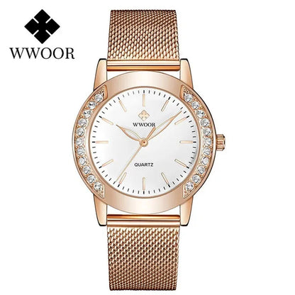 WWOOR Luxury Crystal Ladies Bracelet Watches Top Brand Fashion Women Quartz Watch For Women Rose Gold Mesh Band Wrist Watch Montre Femme