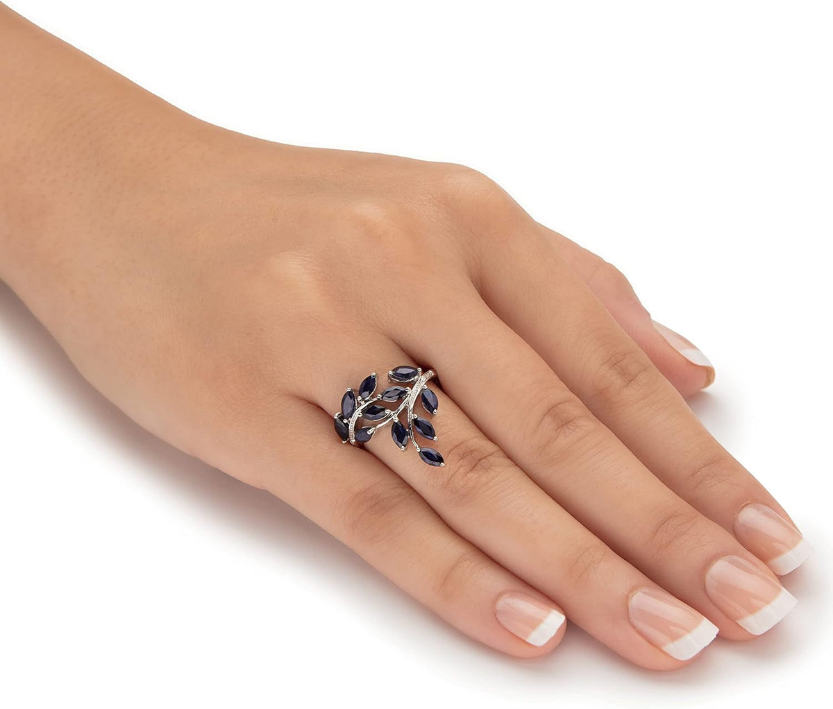 Platinum over Sterling Silver Marquise Cut Genuine Blue Sapphire and Diamond Accent Leaf Ring