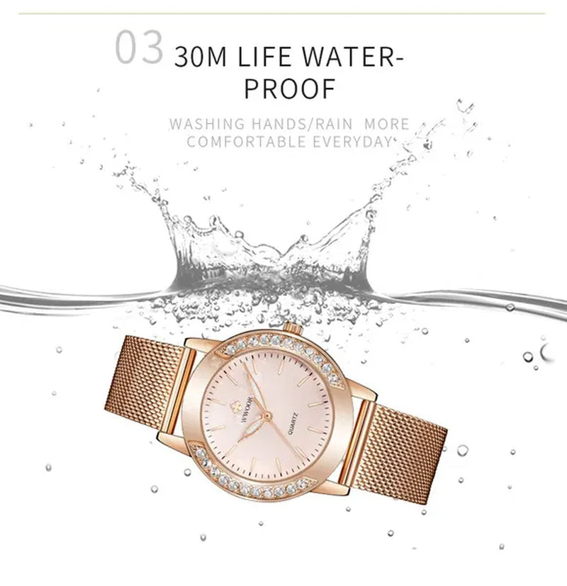 WWOOR Luxury Crystal Ladies Bracelet Watches Top Brand Fashion Women Quartz Watch For Women Rose Gold Mesh Band Wrist Watch Montre Femme