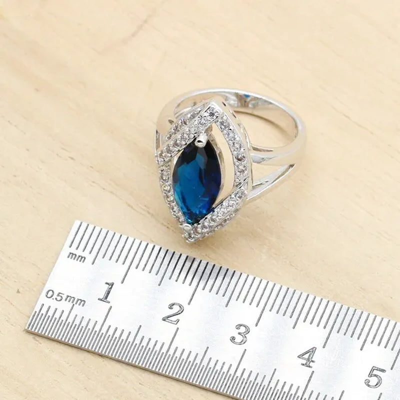 Royal Blue Stones Silver Color Jewelry Sets for Women Necklace Earrings Bracelet Ring Bridal Birthday Gift