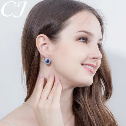 CANDICE Classic Round Blue CZ Stone Party Jewelry Sets For Women Elegant Blue Cubic Zirconia Stud Earrings And Necklace 2 Piece Set