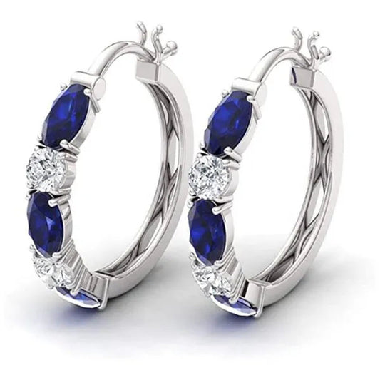 Bridal Romantic Wedding Hoop Earrings for Women Silver Plated Diamond Blue Sapphire Drop Earrings