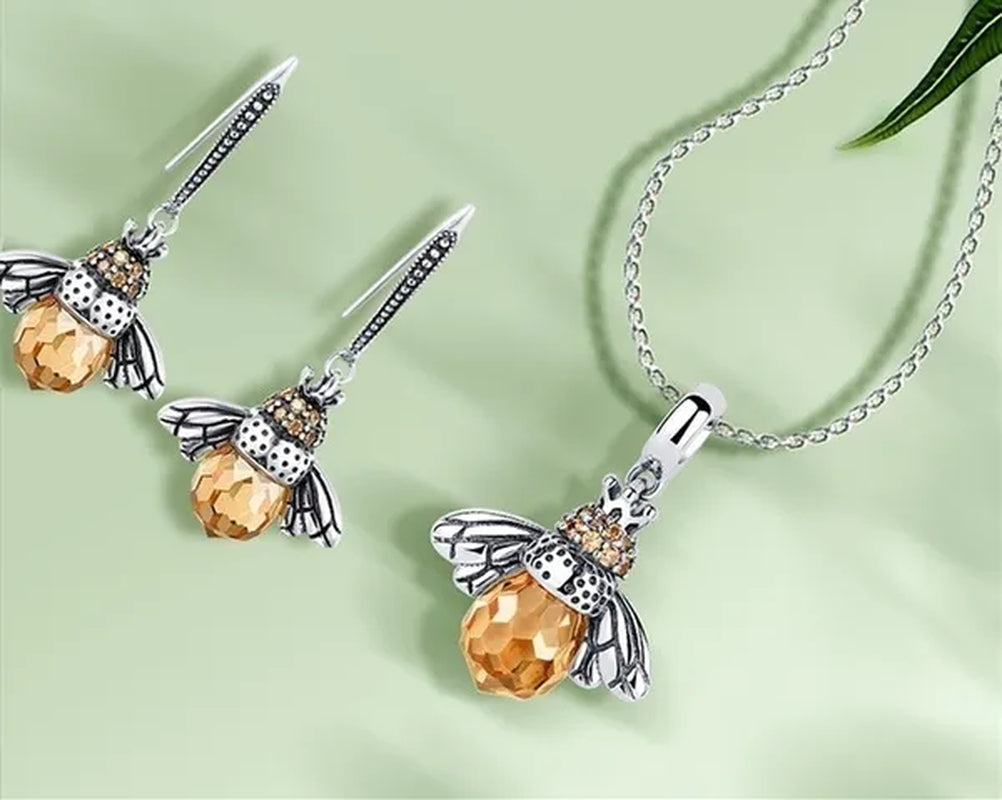 Fashion 925 Sterling Silver Queen Bee Crystal Gemstone Cubic Zirconia Ring Earrings Necklace Bracelet Jewelry Set CZ Charm Women Bridal Engagement Wedding Jewelry Set Gift