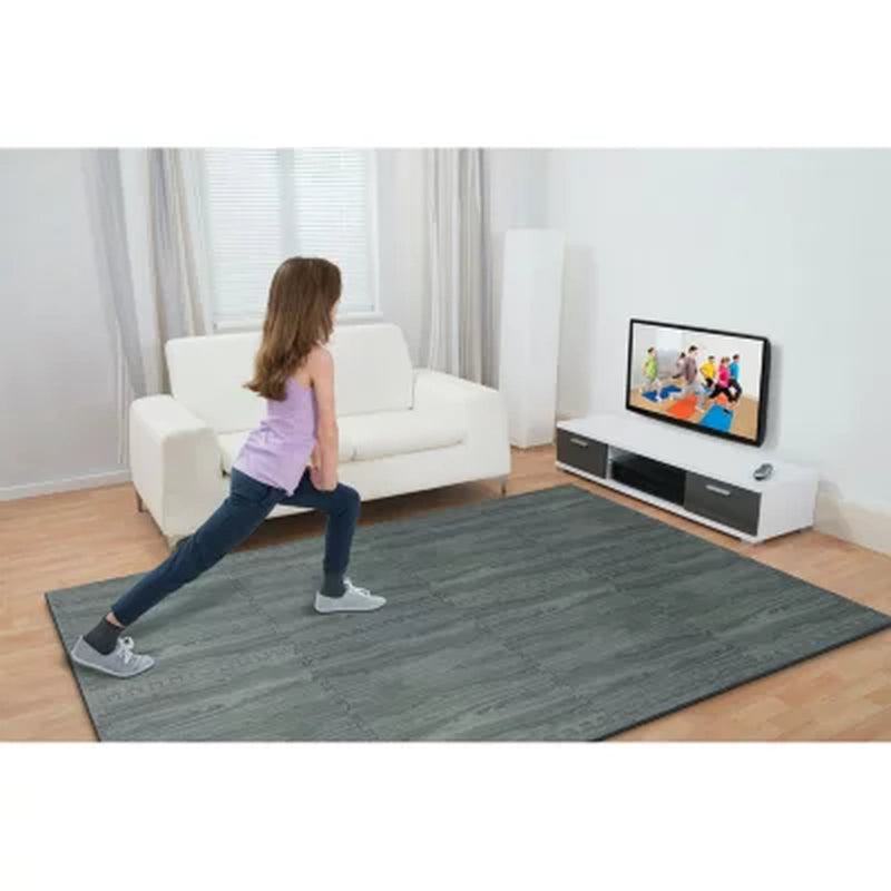 Norsk 25" X 25" Reversible Foam Flooring, Gray Wood & Black, 8 Tiles