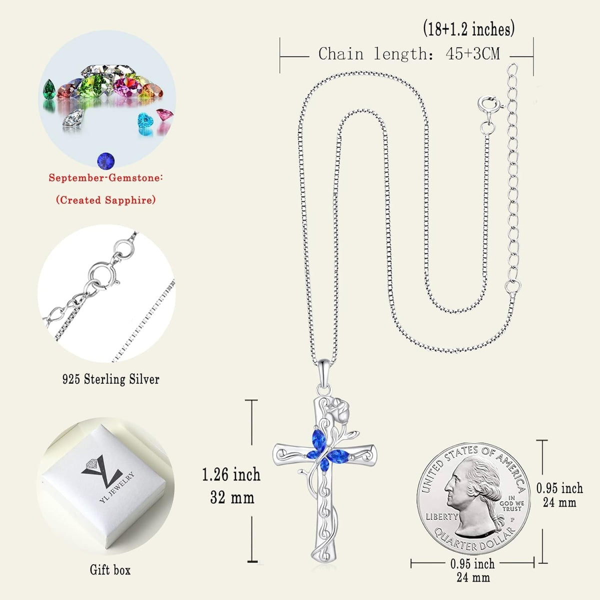 Butterfly Cross Necklace Sterling Silver Rose Flower Pendant Birthstone Jewelry for Women