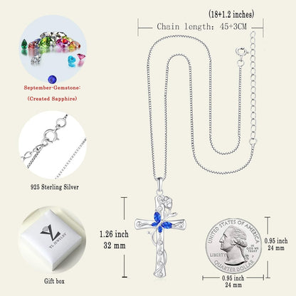 Butterfly Cross Necklace Sterling Silver Rose Flower Pendant Birthstone Jewelry for Women
