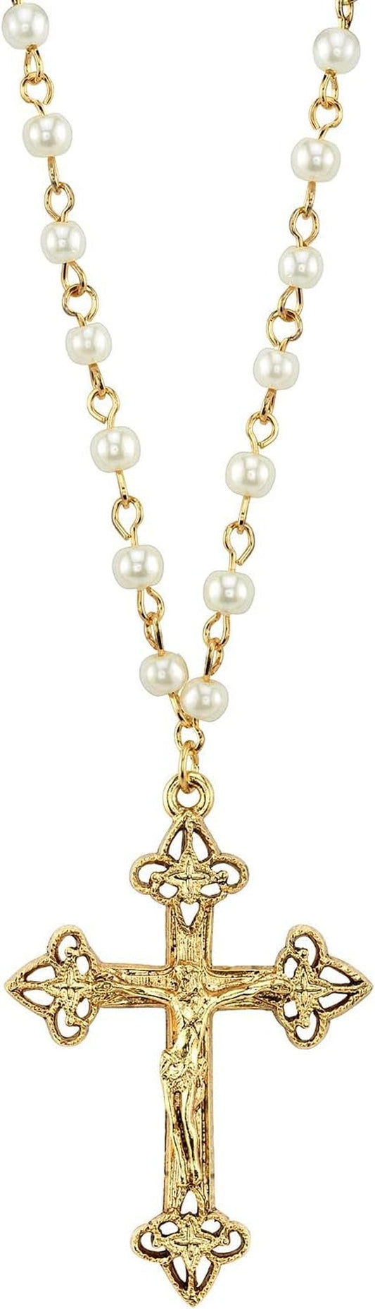 1928 Jewelry Women'S Gold Tone 4Mm Faux Pearl Chain Crucifix Cross Pendant Necklace 16" + 3" Extender