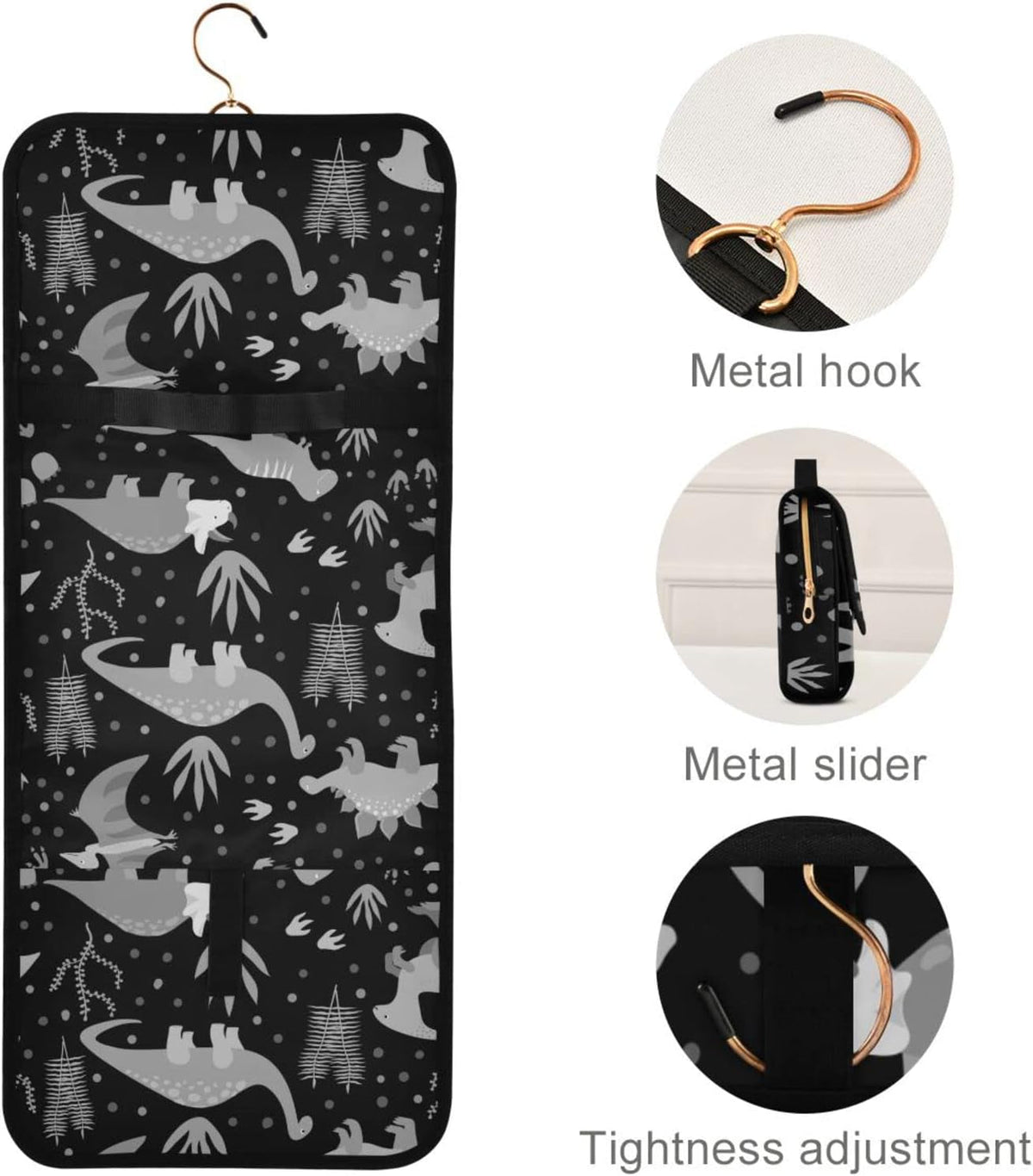 Seamless Retro Russian Cat Snowflakes on Black Happy New Year 3 Pcs Set Toiletry Bags, 1 Women'S Travel Cosmetic Bag, 1 Hanging Toiletry Wash Bag, 1 Brush Case, Portable Makeup Storage Case